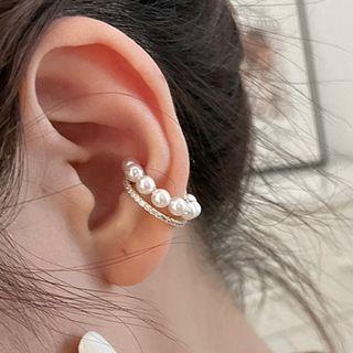 Faux Pearl Layered Alloy Cuff Earring 1 Pc - Clip On Earring - Gold - One Size