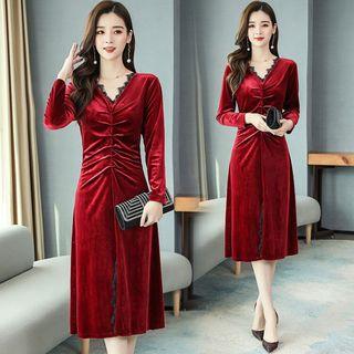 Ruched Long-sleeve A-line Midi Velvet Dress