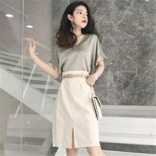 Set: V-neck Short-sleeve Top + Front Slit High Waist A-line Skirt