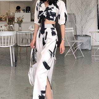 Patterned Short-sleeve Top / Wide Leg Pants