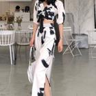 Patterned Short-sleeve Top / Wide Leg Pants