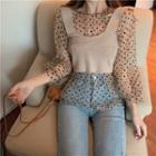 Dotted Sheer Long-sleeve Top / Sleeveless Knit Top