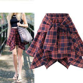 Plaid Irregular Lace-up A-line Skirt