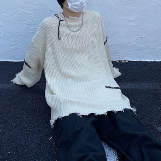 Embroidered Trim Ripped Sweater