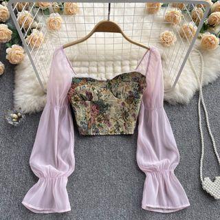 Long-sleeve Square-neck Floral Chiffon Cropped Top