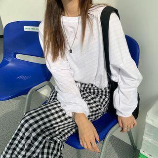 Drawstring-cuff Long-sleeve T-shirt / Plaid Wide-leg Pants