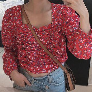 Floral Print Ruched Blouse Red - One Size