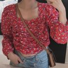 Floral Print Ruched Blouse Red - One Size