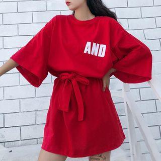 3/4-sleeve Lettering Tie-waist T-shirt Dress