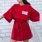 3/4-sleeve Lettering Tie-waist T-shirt Dress