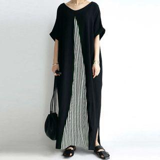 Striped Panel Slit Maxi Shift Dress Black - One Size