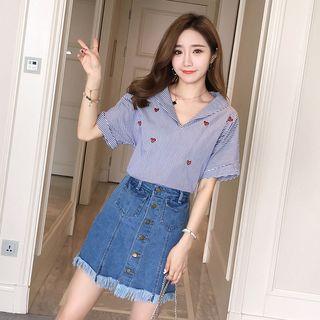 Set: Embroidery Striped Shirt + Denim Skirt