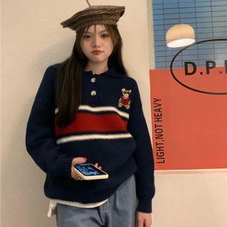 Bear Embroidered Striped Collared Sweater