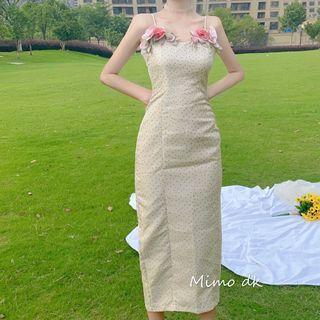 Floral Accent Dotted Spaghetti Strap Dress
