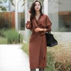 V-neck Long-sleeve Tie-waist Midi Sheath Dress
