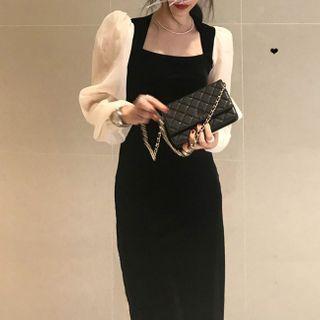 Two-tone Lantern-sleeve Midi Sheath Dress