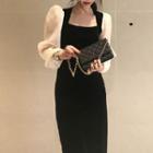 Two-tone Lantern-sleeve Midi Sheath Dress