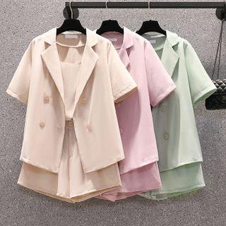 Set: Short-sleeve Plain Blazer + Shorts + Camisole Top