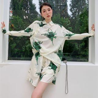 Collar Asymmetrical Button-up Print Blouse / Shorts