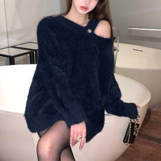 Cold-shoulder Sweater Blue - One Size
