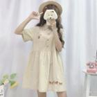 Embroidered Short-sleeve Collared Dress Khaki - One Size