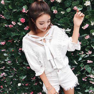Elbow-sleeve Lace Trim Frilled Top