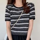 Striped Short-sleeve Knit Top Stripe - Black & White - One Size