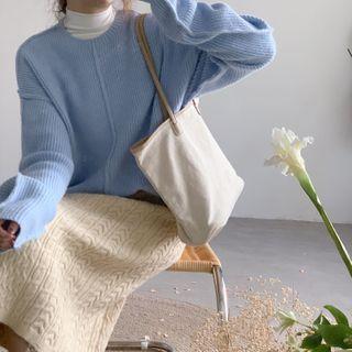 Long-sleeve Plain Ribbed Sweater Sweater - One Size