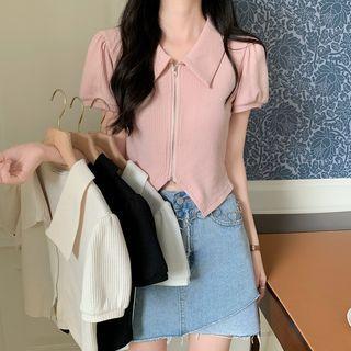 Short-sleeve Collar Zip Cropped T-shirt