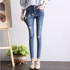 Elastic Distressed High-waist Cropped Jeans
