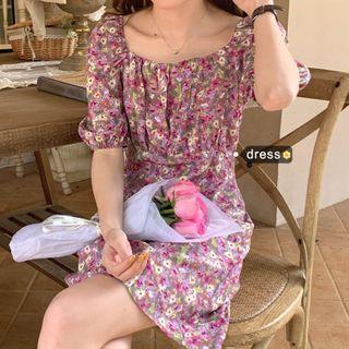 Short-sleeve Floral Print Mini A-line Dress Purple - One Size