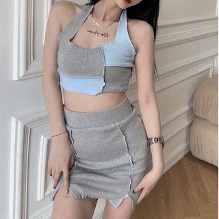 Halter-neck Color Block Tank Top / Fitted Mini Skirt