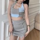 Halter-neck Color Block Tank Top / Fitted Mini Skirt
