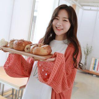 Wide-sleeve Pointelle-knit Long Cardigan