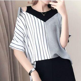Short-sleeve Striped Mock Two-piece Blouse