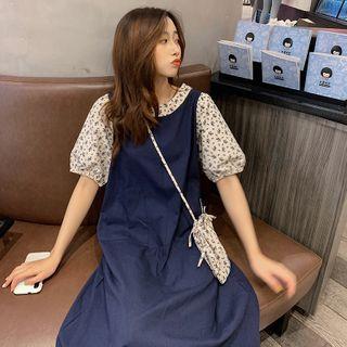 Mock Two Piece Short-sleeve Midi A-line Dress Dark Blue - One Size