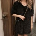 Furry Glitter Short-sleeve Mini Pullover Dress Black - One Size