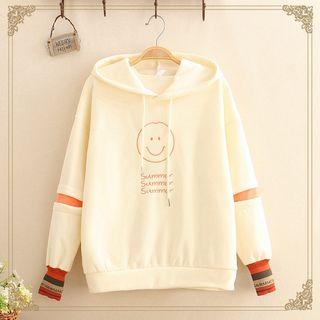 Smiley Face Embroidered Color-block Sleeve Fleece-lined Hoodie