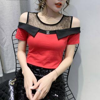 Lace Panel Cold-shoulder Short-sleeve T-shirt