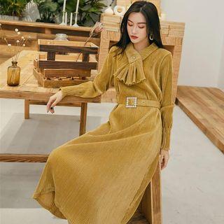 Long-sleeve Belt Waist A-line Midi Dress
