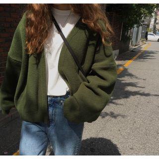 Open-front Plain Cardigan Vintage Green - One Size