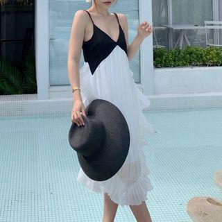 Spaghetti Strap Two Tone Ruffled Midi Dress
