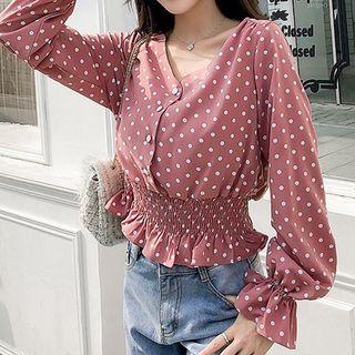 Long-sleeve Dotted Smocked Top
