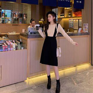 Mock Two-piece A-line Knit Dress Black - One Size