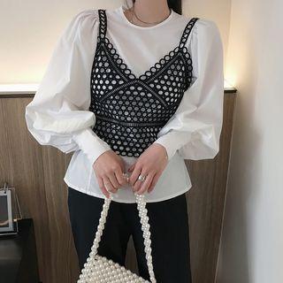 Balloon-sleeve Blouse / Crochet Camisole Top / Harem Pants