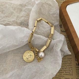 Faux Pearl Embossed Disc Alloy Bracelet Bracelet - Square - Gold - One Size