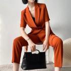 Set: Short-sleeve Double-breasted Blazer + Camisole Top + Straight Leg Pants