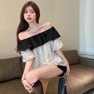 Ruffled Off-shoulder Dotted Blouse Almond - One Size
