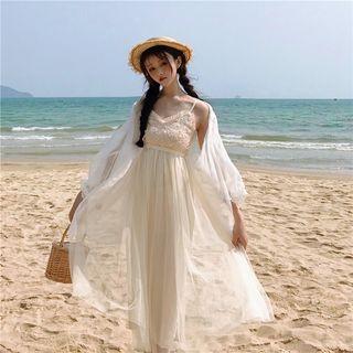 Embroidered Spaghetti Strap Midi A-line Dress / Open Front Light Jacket