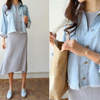 Dual-pocket Fray-hem Denim Jacket